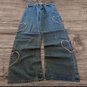 26x28 Blue Baggy Wide Leg Heart Patch Mud Wash Jeans Y2K Grunge
